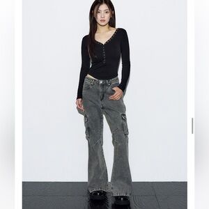 HELENE PARIS Pigment Studded Bootcut Pants [Stone Grey]